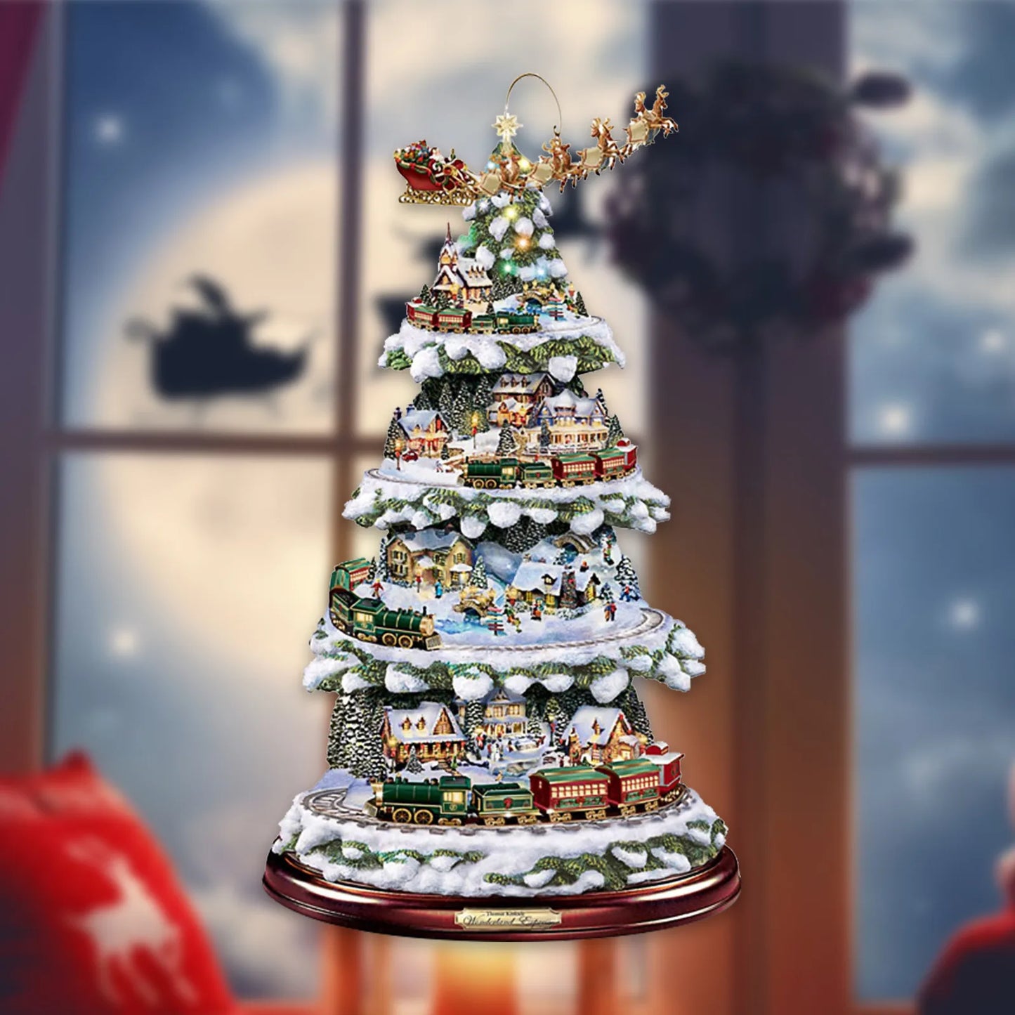 D5 2Pcs Christmas Tree Rotating Sculpture Train Decorations Paste Window Paste Stickers  Christmas Room Holiday Party Supplies