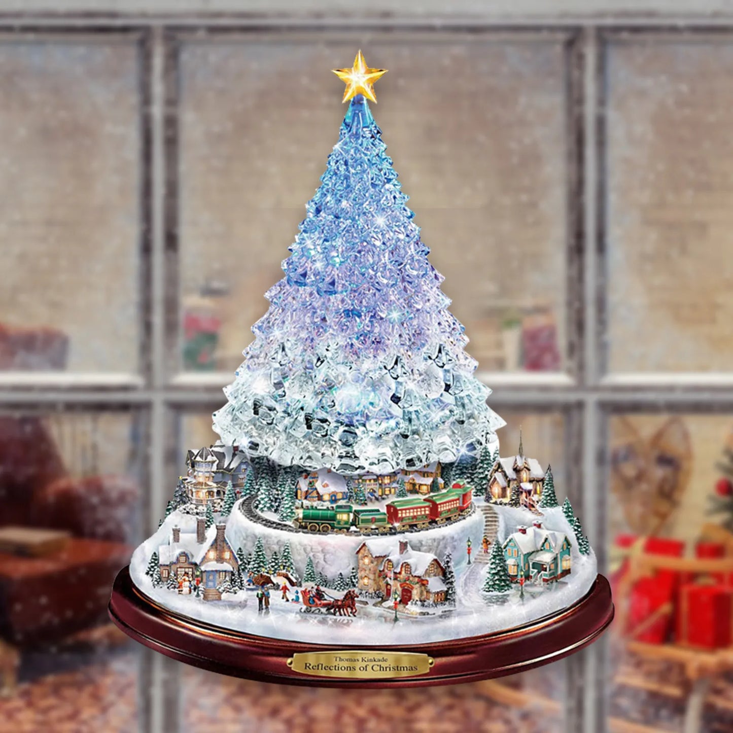 D5 2Pcs Christmas Tree Rotating Sculpture Train Decorations Paste Window Paste Stickers  Christmas Room Holiday Party Supplies