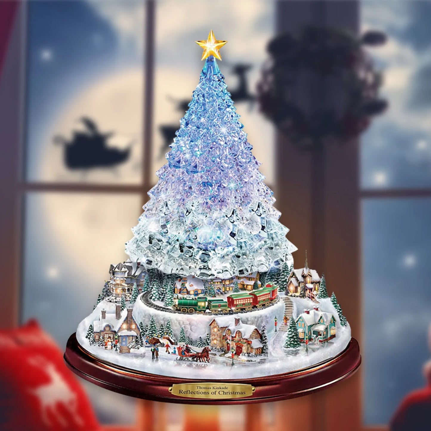 D5 2Pcs Christmas Tree Rotating Sculpture Train Decorations Paste Window Paste Stickers  Christmas Room Holiday Party Supplies